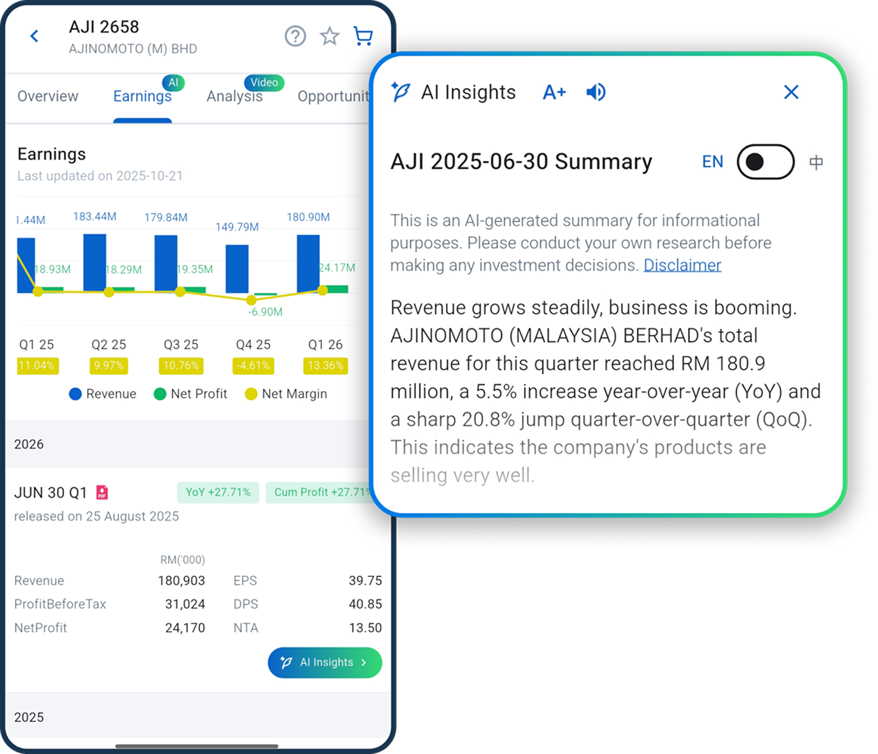 ValueFarm AI insights and earnings summary interface